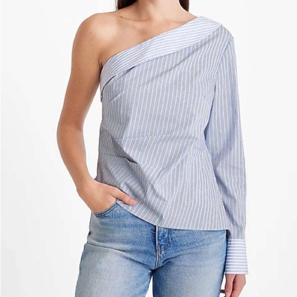 Poplin Striped One Shoulder Draped Top